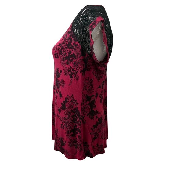 Carol Rose Floral Whimsigoth Burgundy Top W/ Black Lace Short Sleeve Womens XL - Picture 2 of 10